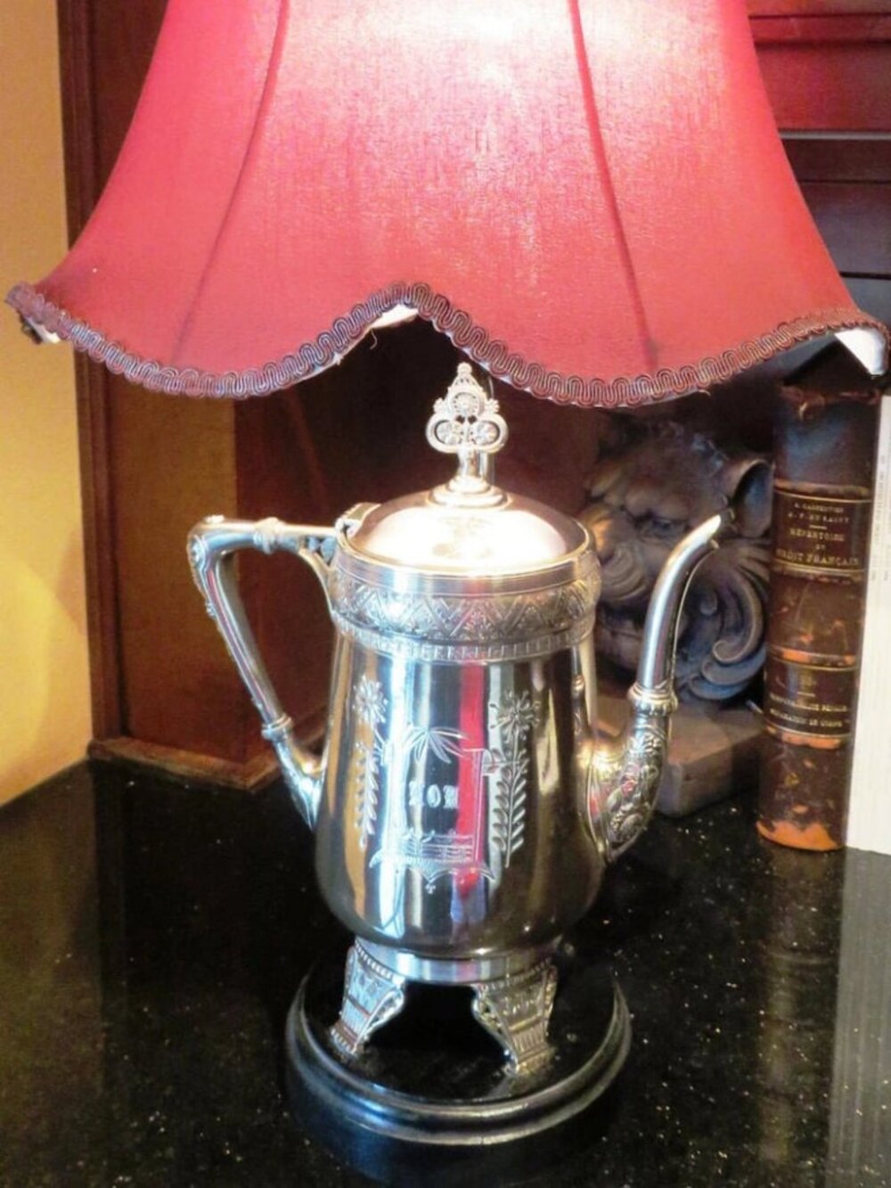MERIDEN BRITANNIA Antique "Flora" Silverplate Coffee\Teapot Lamp Engraved "MOM"